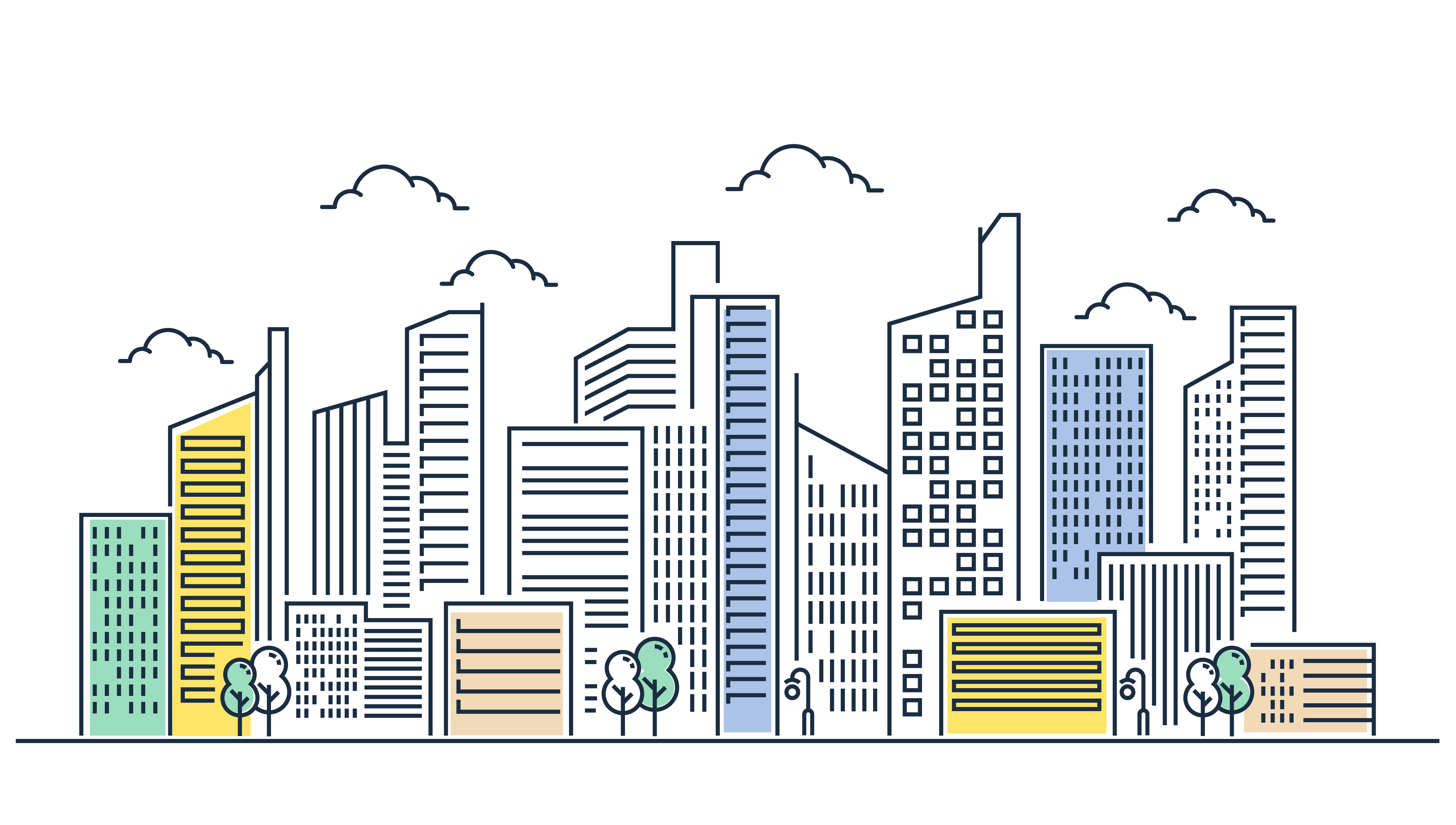 איור של שכונה, בניינים ועצים בקווים שחורים ומעט צבע בפנים בגווני ירקרק, צהוב, קרם ותכלת