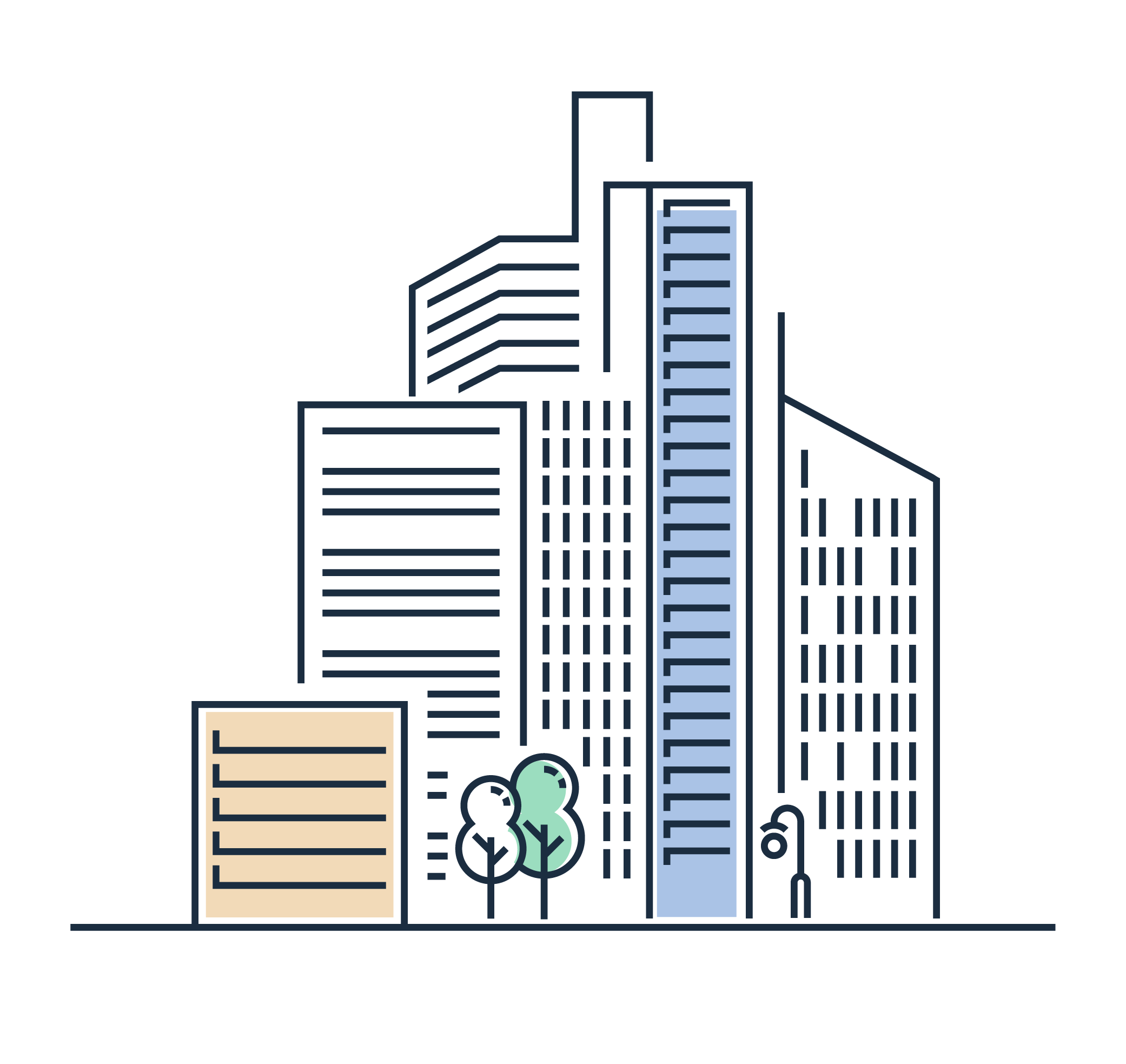 איור של שכונה, בניינים ועצים בקווים שחורים ומעט צבע בפנים בגווני ירקרק, קרם ותכלת