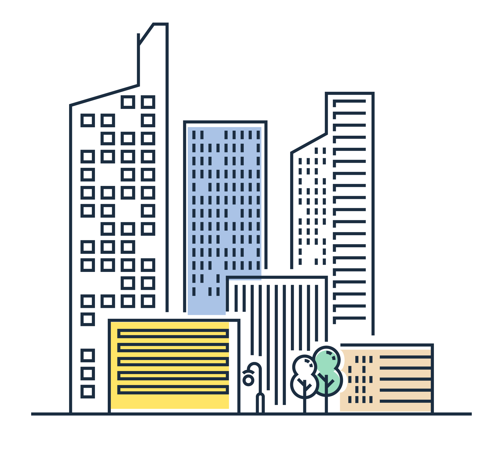 איור של שכונה, בניינים ועצים בקווים שחורים ומעט צבע בפנים בגווני ירקרק, צהוב ותכלת