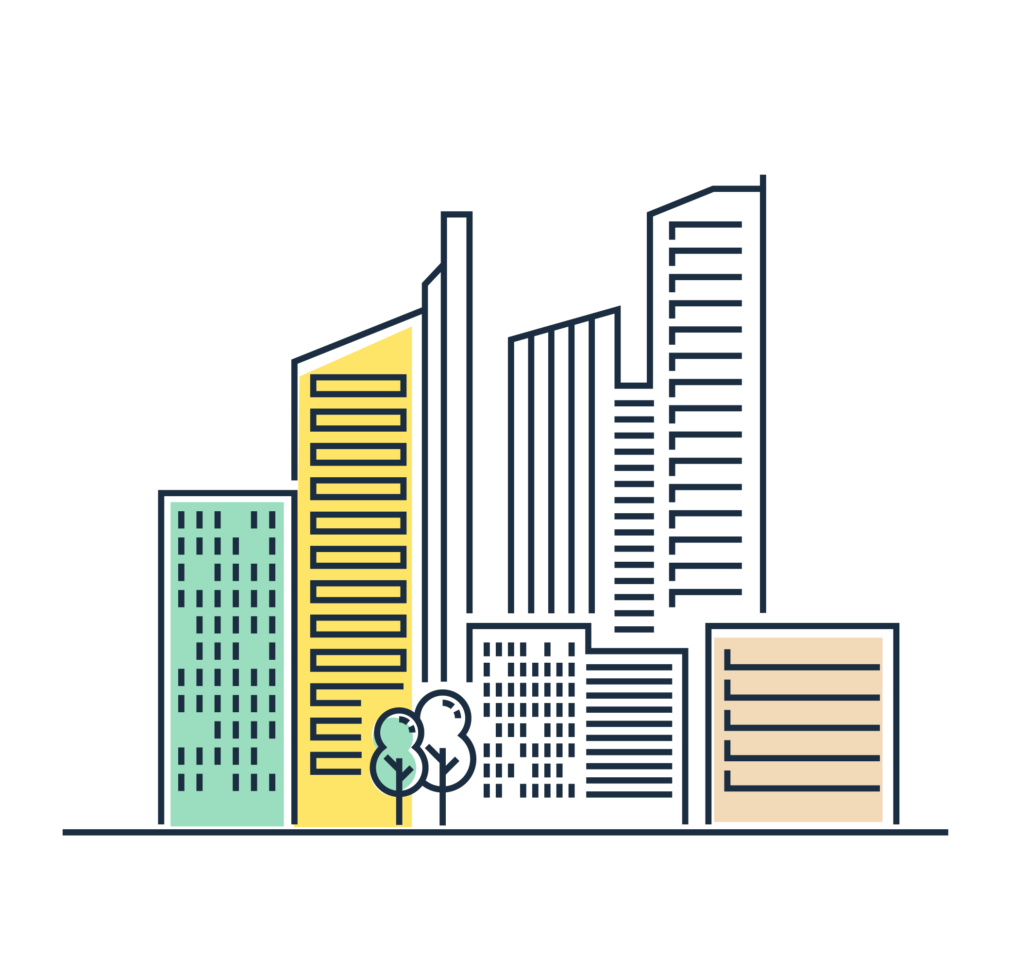 איור של שכונה, בניינים ועצים בקווים שחורים ומעט צבע בפנים בגווני ירקרק, צהוב וקרם