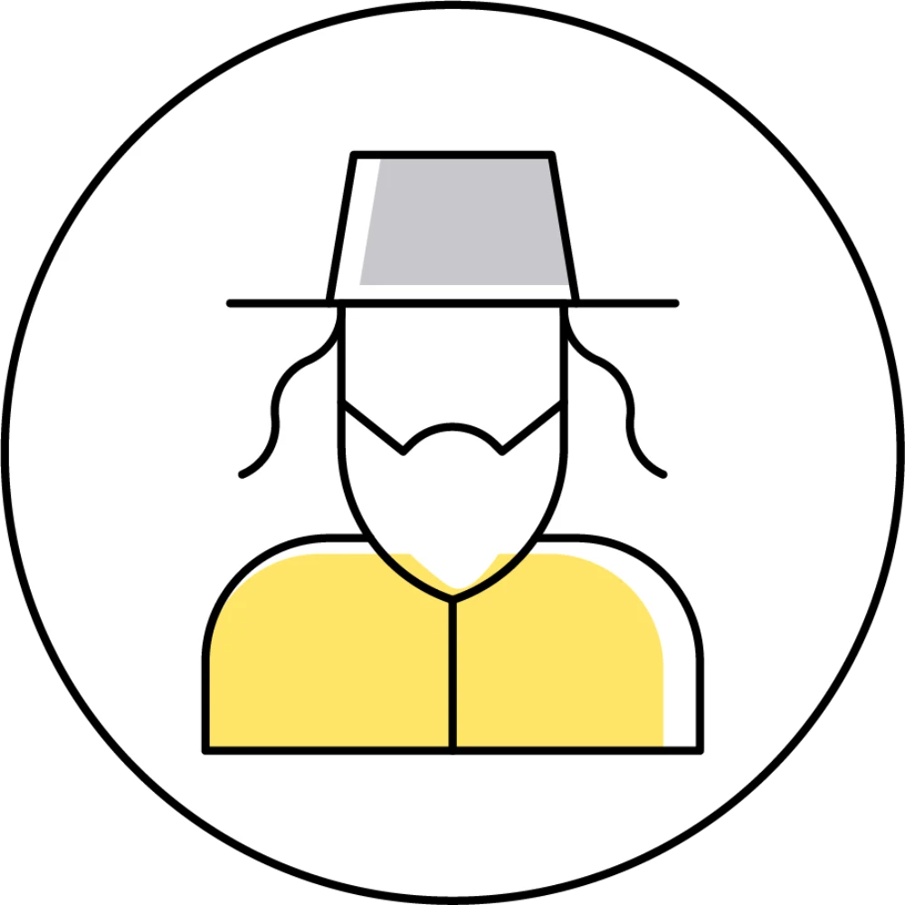 איור בקו מתאר שחור של חרדי עם מגבעת וצבעי רקע של אפור וצהוב