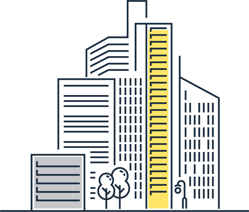 איור של בניינים ועצים בקווים שחורים ורקע בצבעי אפור וצהוב