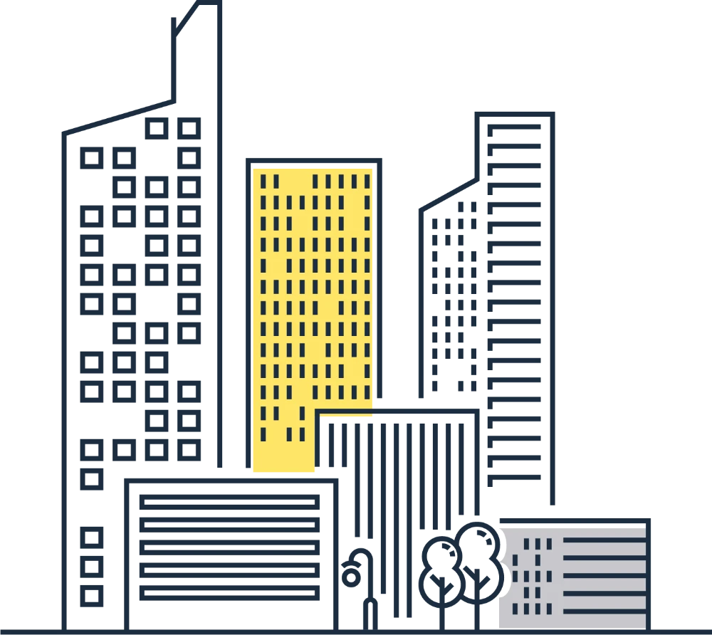 איור של בניינים ועצים בקווים שחורים ורקע בצעיי אפור וצהוב